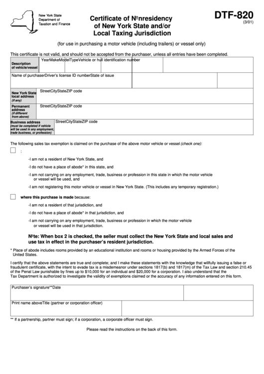 Form Dtf-820 - Certificate Of Nonresidency Of New York State And/or Local Taxing Jurisdiction - 2001 Printable pdf
