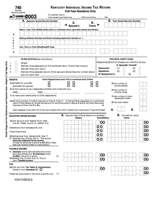 Form 740 Kentucky Individual Tax Return 2003 printable pdf