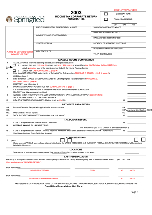 Form Sf-1120 - Income Tax Corporate Return - 2003 Printable pdf