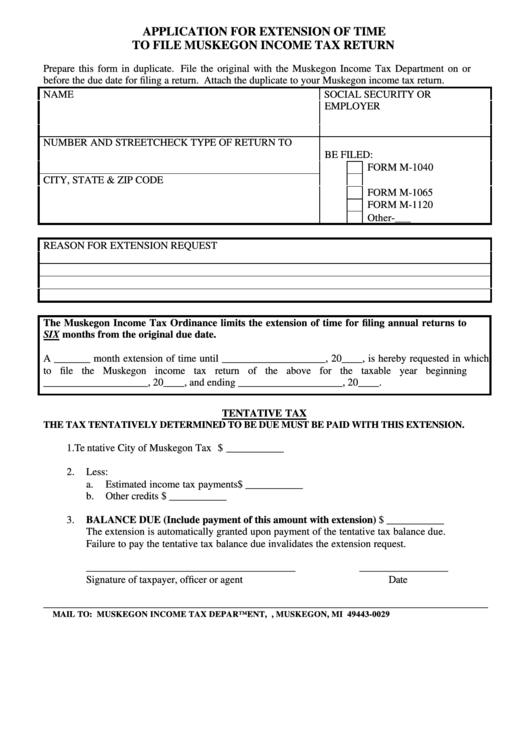 Application For Extension Of Time To File Muskegon Income Tax Return Printable pdf