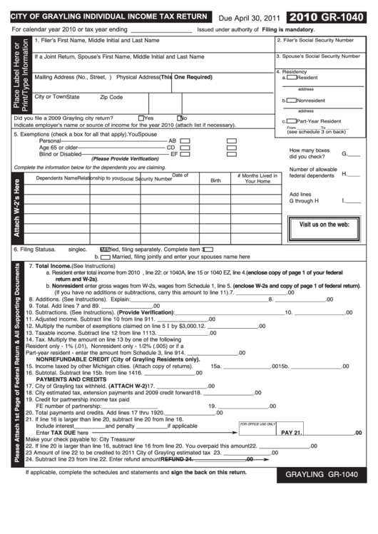 Form Gr-1040 - City Of Grayling Individual Income Tax Return - 2010 ...