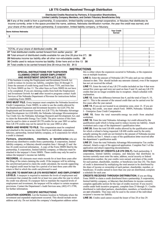 Fillable Form Lb 775 - Credits Received Through Distribution Printable pdf