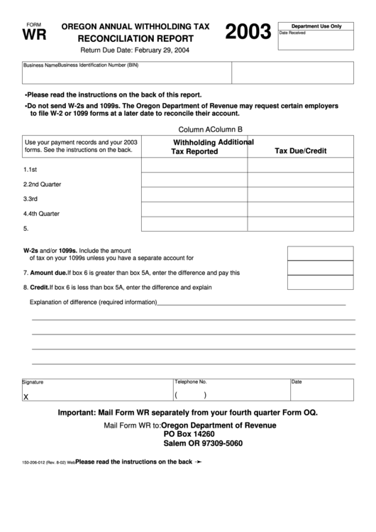 Form Wr - Oregon Annual Withholding Tax Reconciliation Report - 2003 Printable pdf