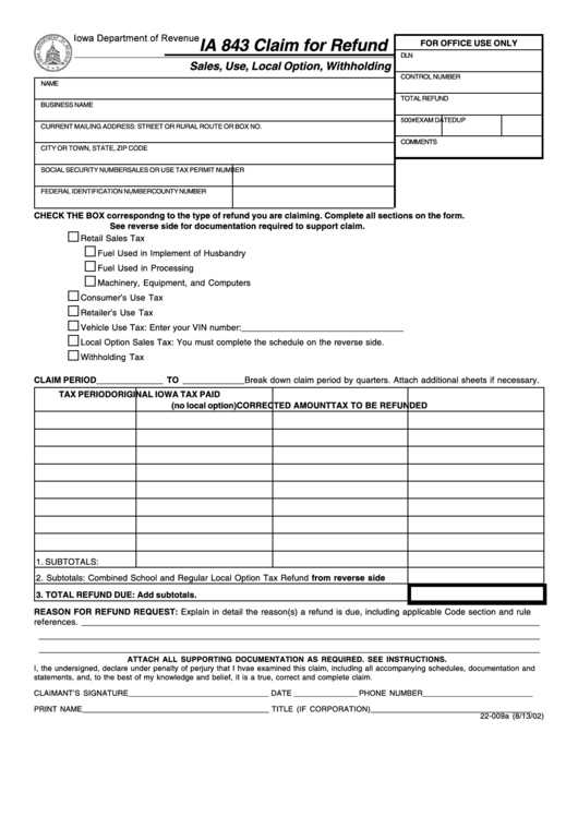 Fillable Form Ia 843 - Claim For Refund - 2002 Printable pdf