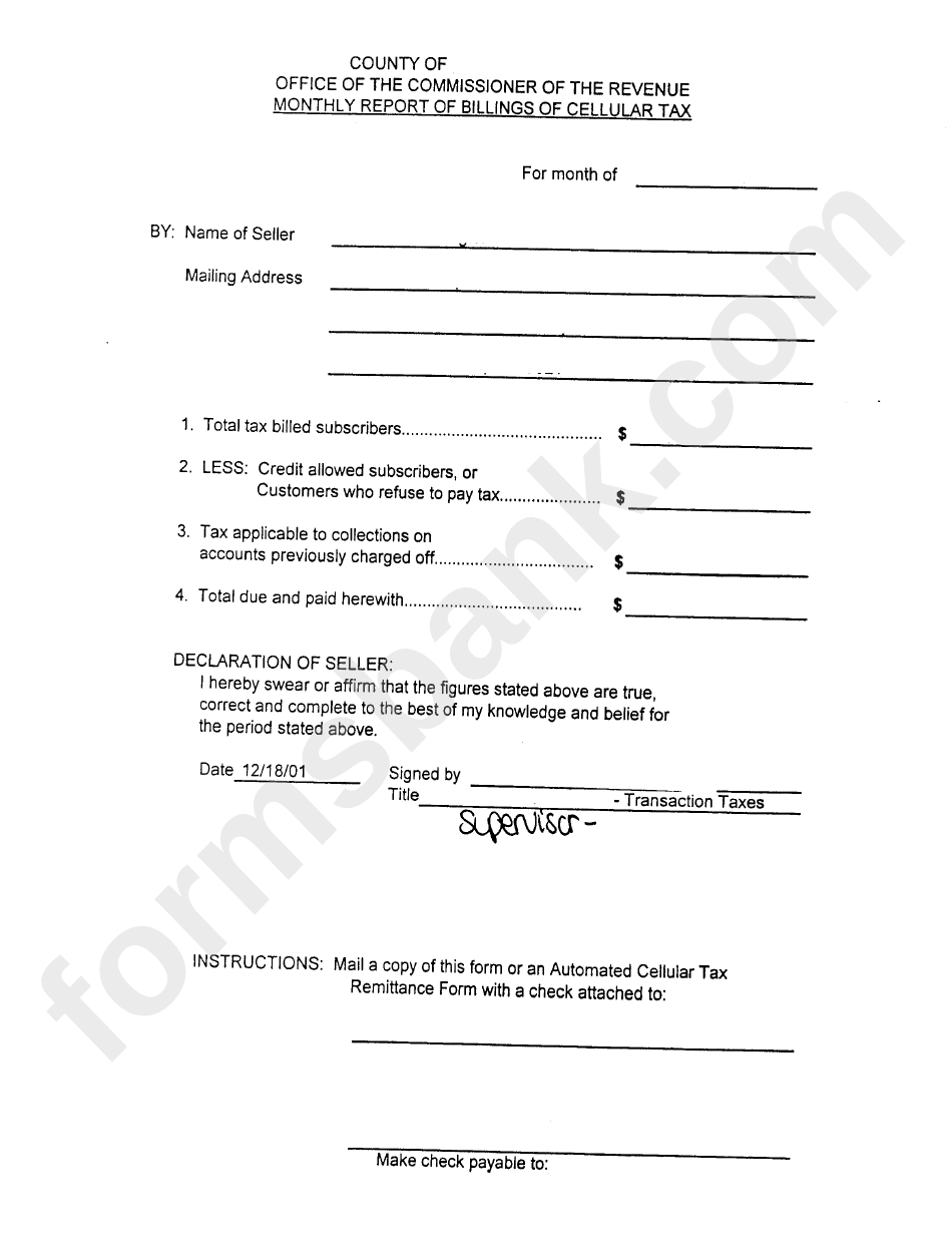 Monthly Report Form For Billings Of Cellular Tax