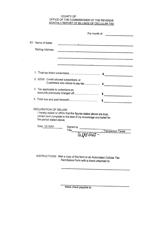 Monthly Report Form For Billings Of Cellular Tax Printable pdf