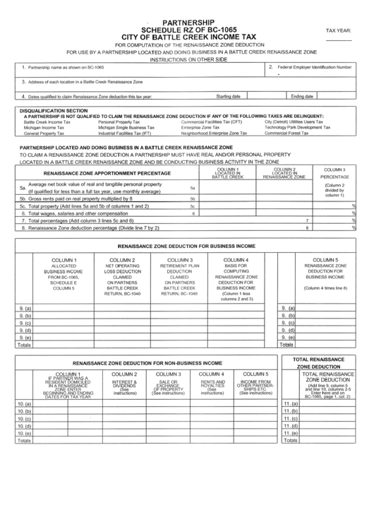 Form Bc-1065 - Schedule Rz, Income Tax - City Of Battle Creek printable ...