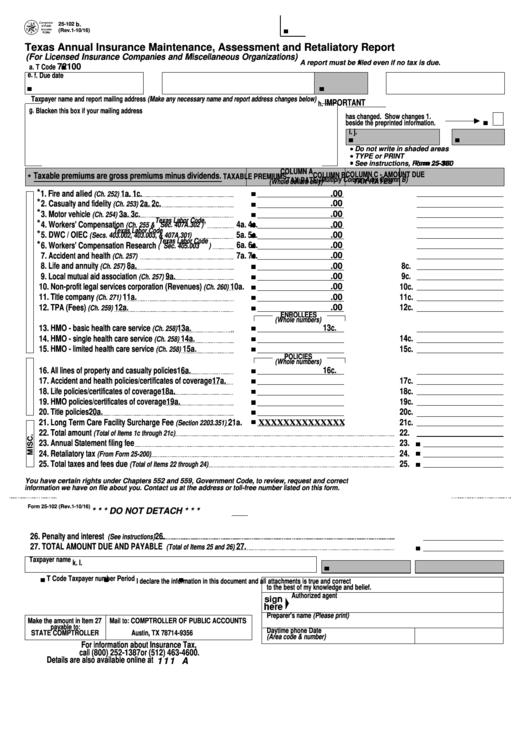 Fillable Form 25-102 - Annual Insurance Maintenance, Assessment And Retaliatory Report Printable pdf