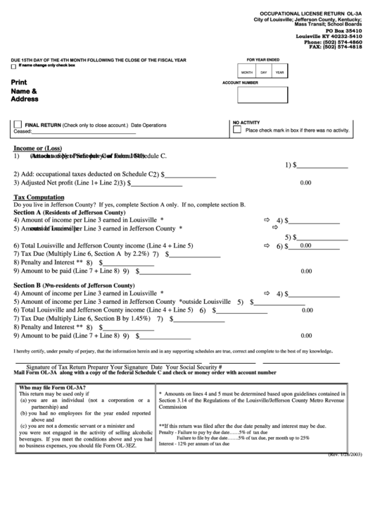 Fillable Form Ol-3a - Occupational License Return printable pdf download