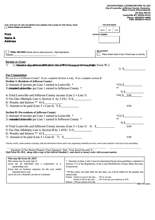 Fillable Form Ol-3ez - Occupational License Return Printable pdf