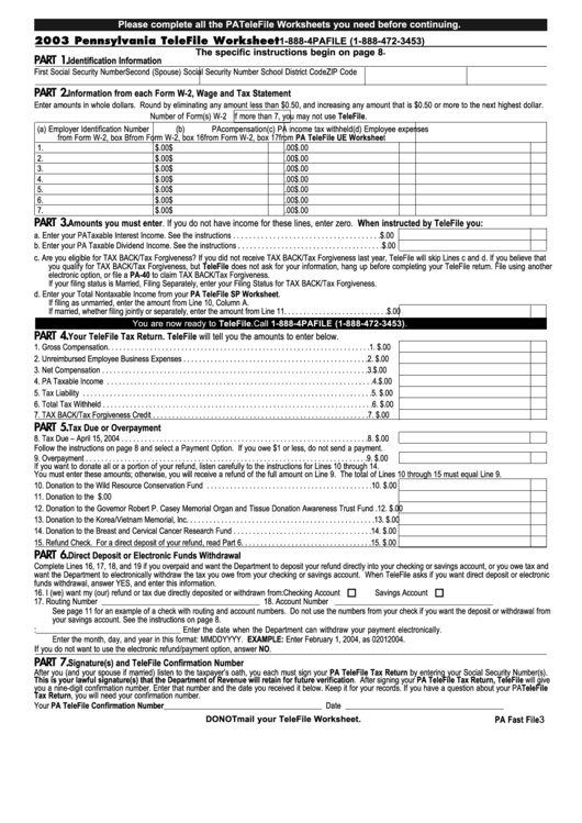 Form Pa40 Pennsylvania Telefile Worksheet 2003 printable pdf download