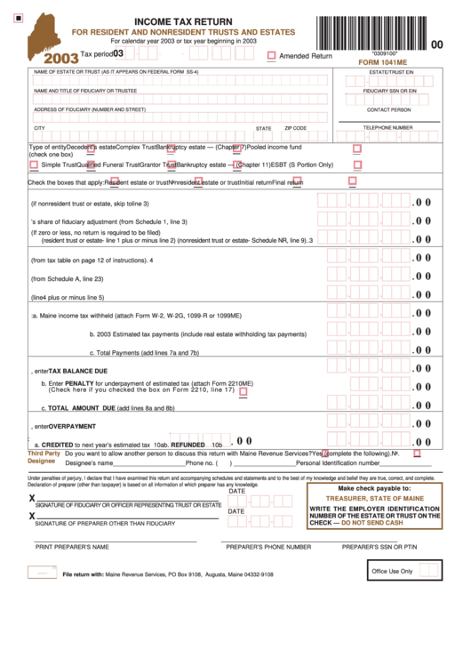 Form 1041me - Income Tax Return For Resident And Nonresident Trusts And Estates - 2003 Printable pdf