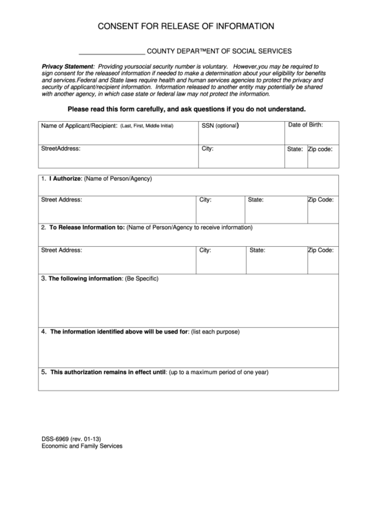 Fillable Form Dss-6969 - Consent For Release Of Information - North Carolina Economic And Family Services Printable pdf