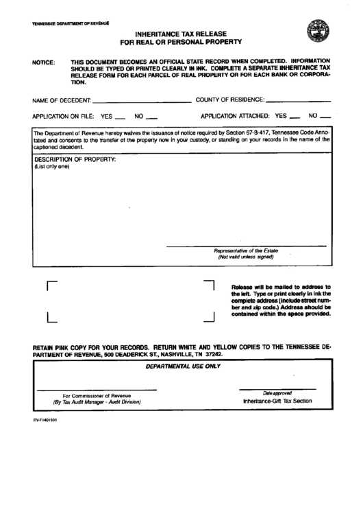 Inheritance Tax Release For Real Or Personal Property Form - Tennessee Department Of Revenue Printable pdf