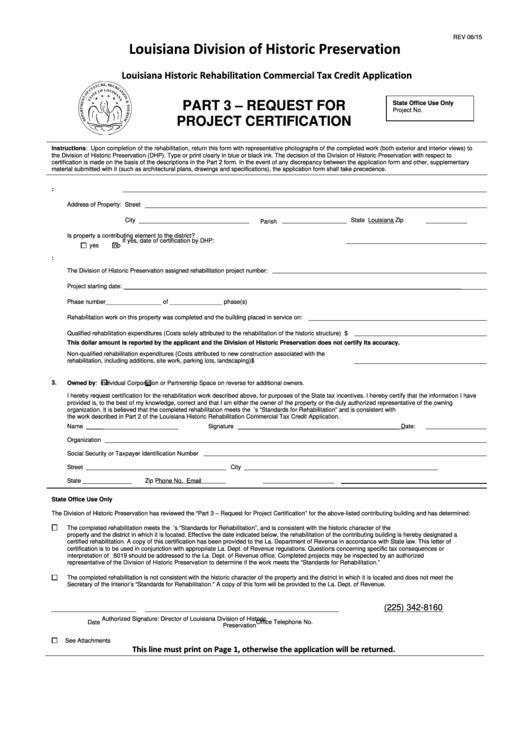 Fillable Louisiana Historic Rehabilitation Commercial Tax Credit Application Form - Louisiana Division Of Historic Preservation Printable pdf