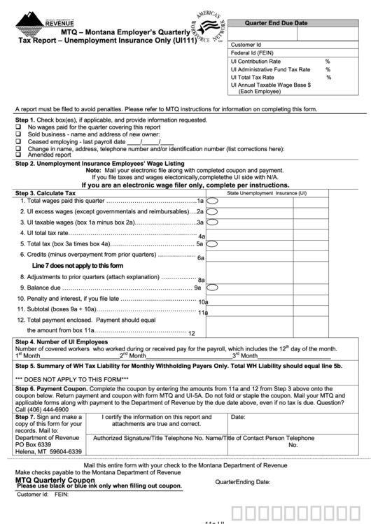 Form Ui111 - Mtq - Montana Employer