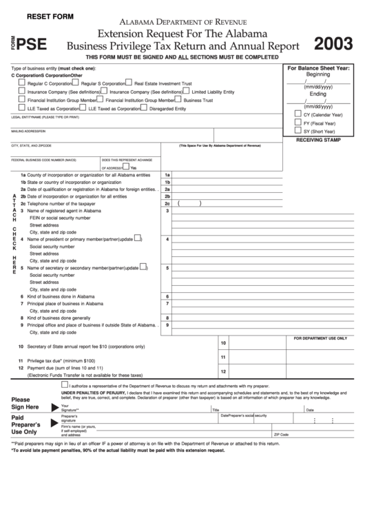 Form Pse - Extension Request For The Alabama Business Privilege Tax Return And Annual Report - 2003