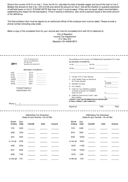 Monthly Payments Form 2011 - Ohio Income Tax Department Printable pdf