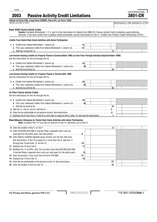 Form 3801-Cr - Passive Activity Credit Limitations - 2003 Printable pdf