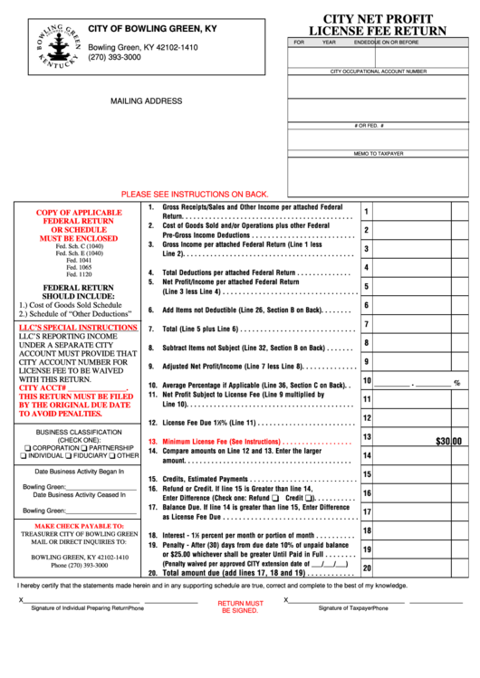 Fillable City Net Profit License Fee Return Form - City Of Bowling Green, Kentucky Printable pdf
