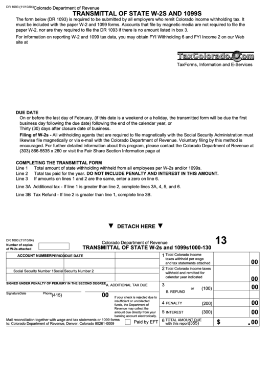 Form Dr 1093 - Transmittal Of State W-2s And 1099s - 2004 Printable pdf