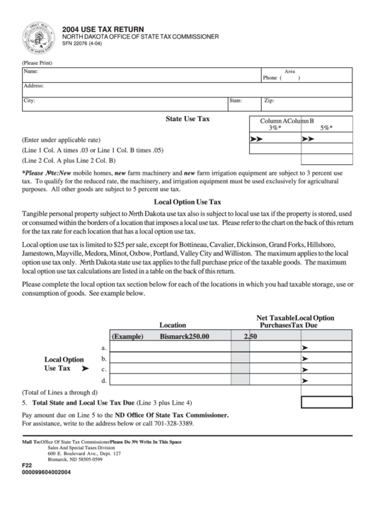 Fillable Form Sfn 22076 - Use Tax Return - Nd Office Of State Tax Commissioner - 2004 Printable pdf