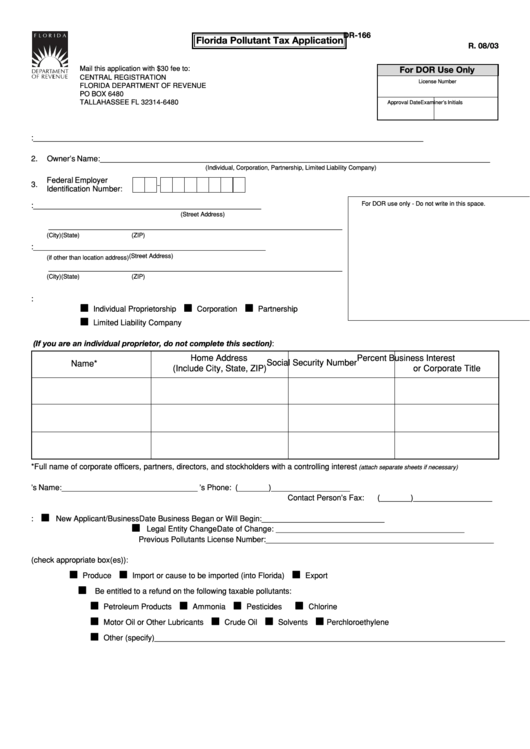 Form Dr-166 - Florida Pollutant Tax Application - 2003 Printable pdf
