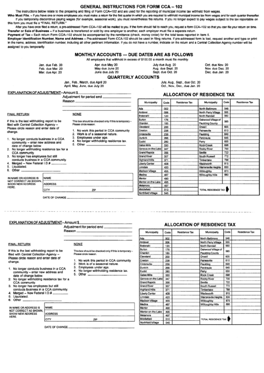Form Cca-102 - Allocation Of Residence Tax Printable pdf