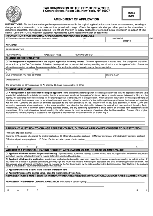 Form Tc155 - Tax Commission Amendment Of Application - 2009 Printable pdf