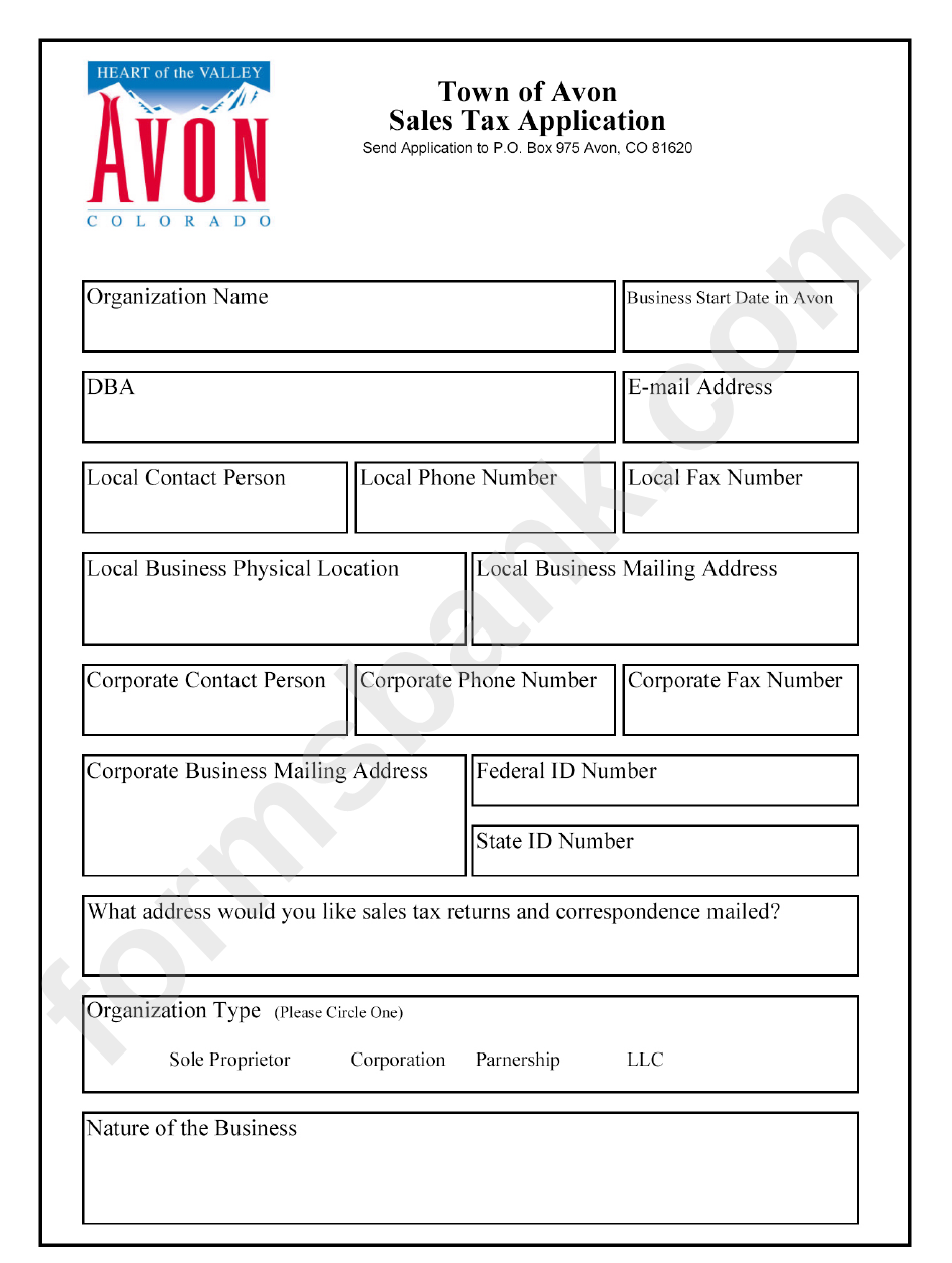 Sales Tax Application - Town Of Avon printable pdf download