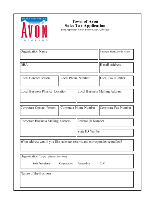 Sales Tax Application - Town Of Avon Printable pdf