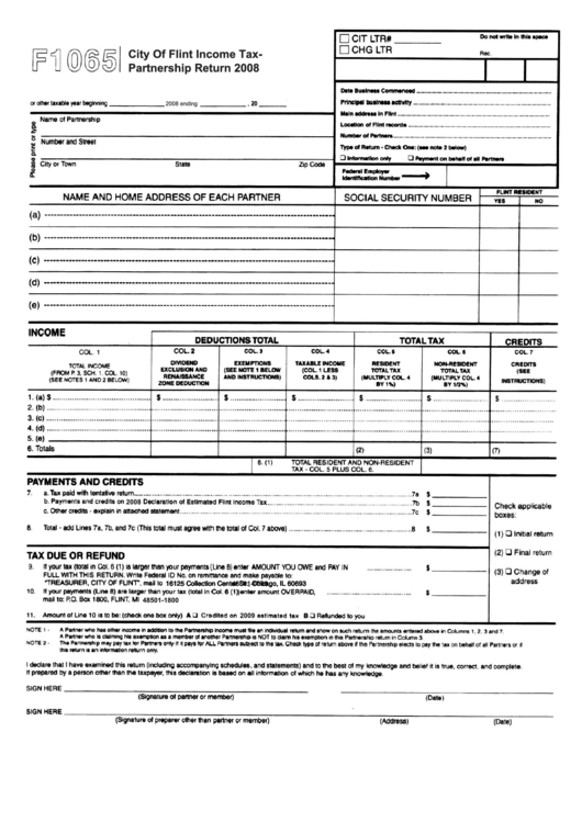 Form 1065 - City Of Flint Income Tax- Partnership Return 2008 Printable pdf