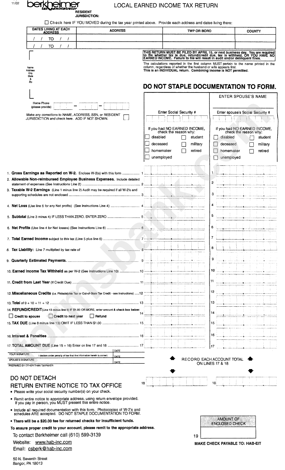 Local Earned Income Tax Return Form - Berkheimer Tax Administrator