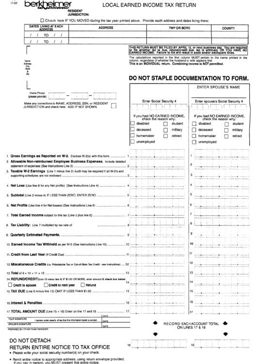 Local Earned Income Tax Return Form - Berkheimer Tax Administrator Printable pdf
