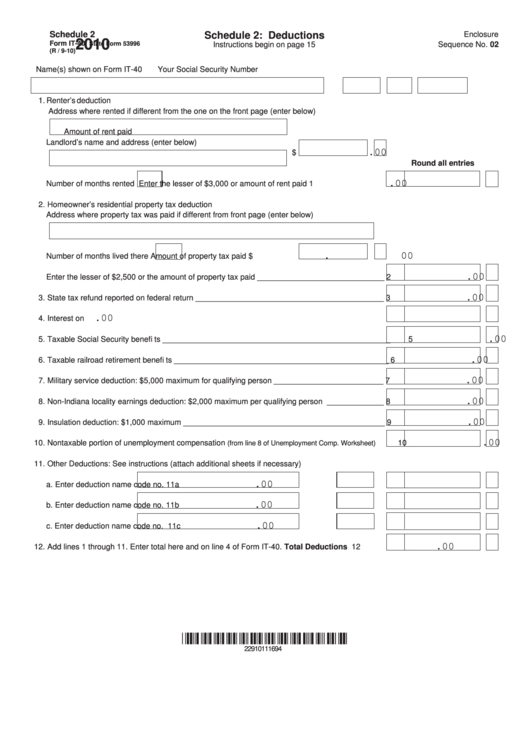 Fillable Form It-40 - Schedule 2: Deductions - 2010 Printable pdf