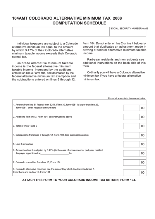 Fillable Form 104amt - Colorado Alternative Minimum Tax Computation Schedule - 2008 Printable pdf