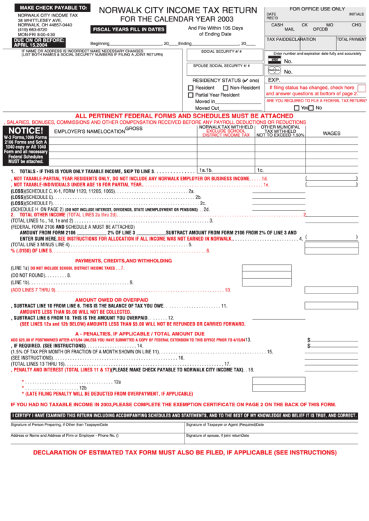Form R - Norwalk City Income Tax Return - 2003 Printable pdf