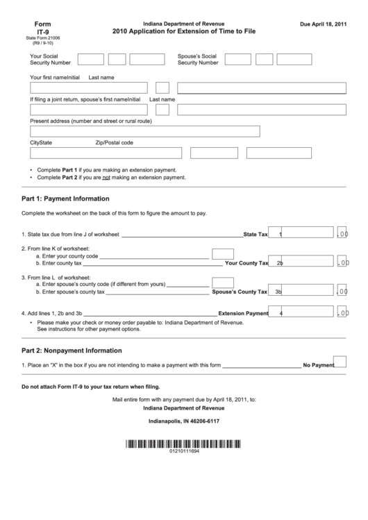 Fillable Form It-9 -Application For Extension Of Time To File - 2010 Printable pdf