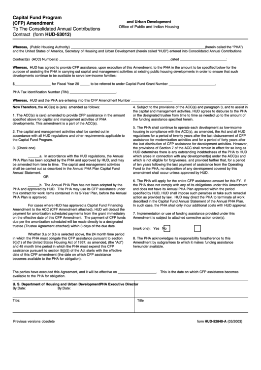 Fillable Form Hud-52840-A - Capital Fund Program (Cfp) Amendment To The Consolidated Annual Contributions Contract Printable pdf