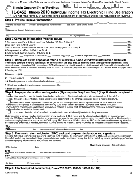 Fillable Form Il-8453 - Illinois Individual Income Tax Electronic Filing Declaration - 2010 Printable pdf