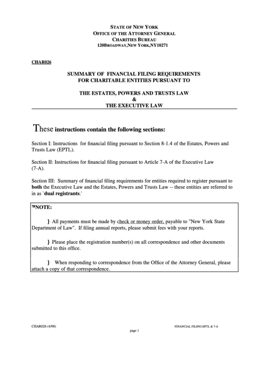 Form Char026 - Summary Of Financial Filing Requirements - Office Of The Attorney General Charities Bureau Printable pdf