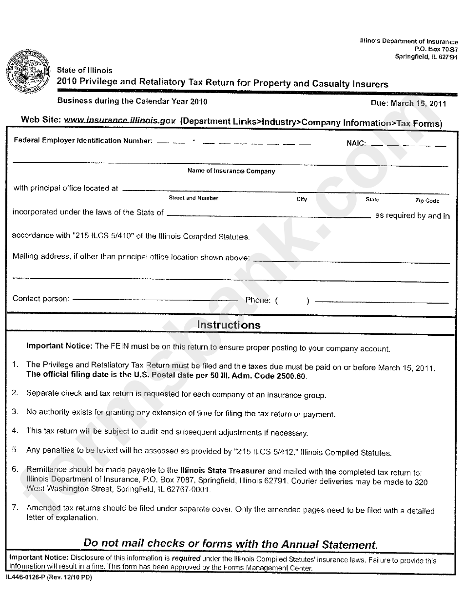 Form Il446-0126-P - 2010 Privilege And Retaliatory Tax Return For Property And Casualty Insurers Form - Illinois Department Of Insurance