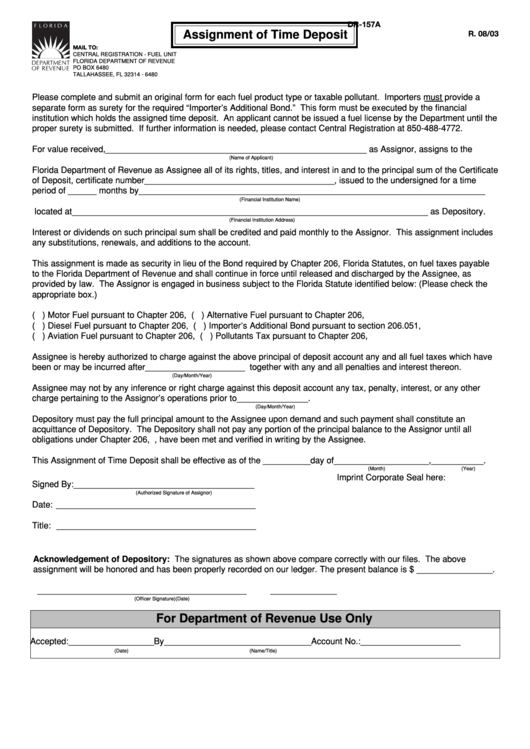 Form Dr-157a - Assignment Of Time Deposit Printable pdf