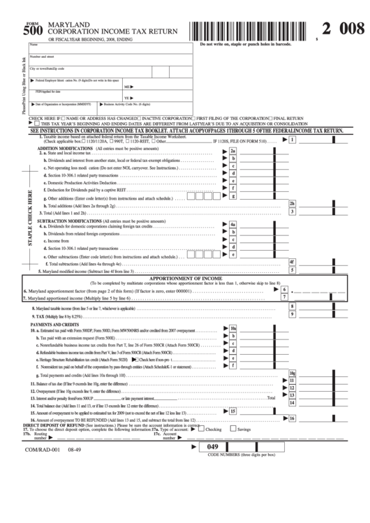 Fillable Form 500 - Maryland Corporation Income Tax Return - 2008 Printable pdf
