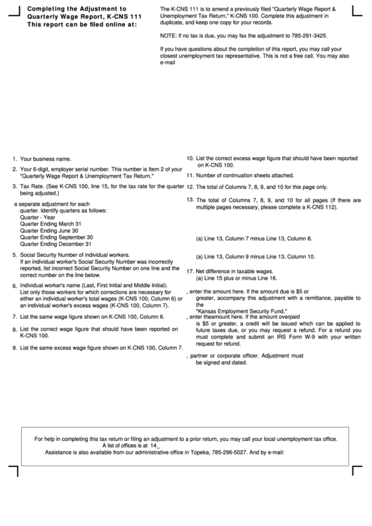 K-Cns 111 Instructions For Adjustment To Quarterly Wage Report Printable pdf