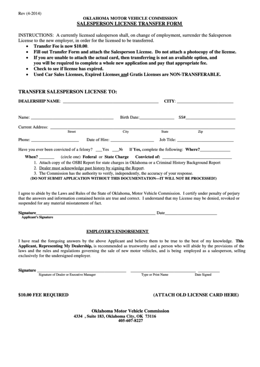Salesperson License Transfer Form printable pdf download