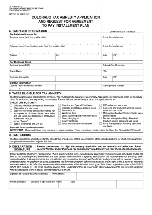 Form Dr 1089 - Colorado Tax Amnesty Application And Request For Agreement To Pay Installment Plan - 2003 Printable pdf