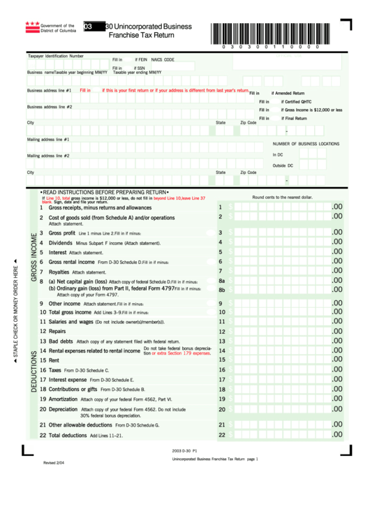 Form D-30 - Unincorporated Business Franchise Tax Return - 2003 Printable pdf