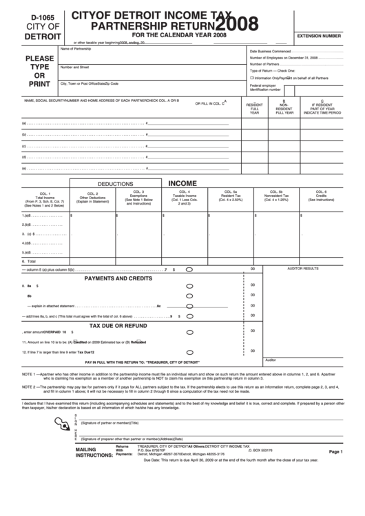 Form D-1065 - City Of Detroit Income Tax Partnership Return - 2008 Printable pdf