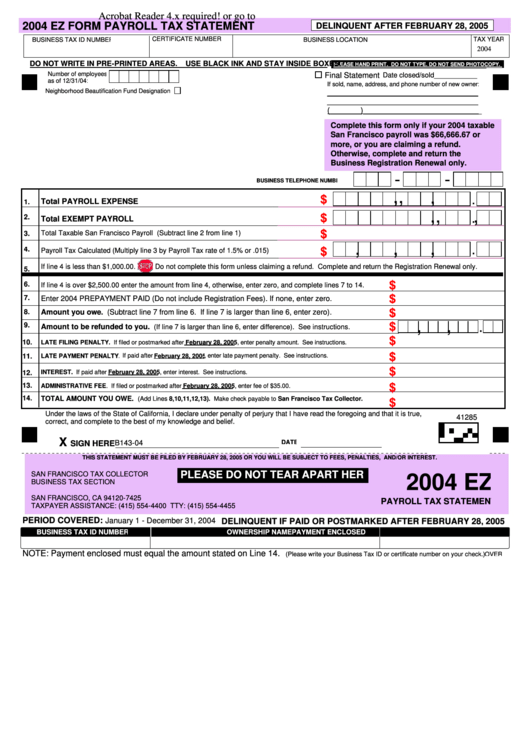 Fillable Ez Form - Payroll Tax Statement - 2004 Printable pdf